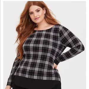 TORRID GREY & PINK PLAID KNIT TO WOVEN PULLOVER